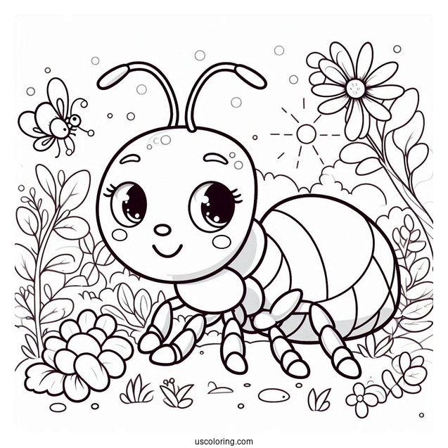 Cute Chibi Ant Coloring Page In A Garden For Preschoolers