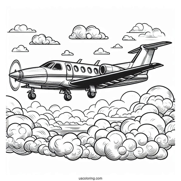 Private Plane Flying In The Clouds To Color