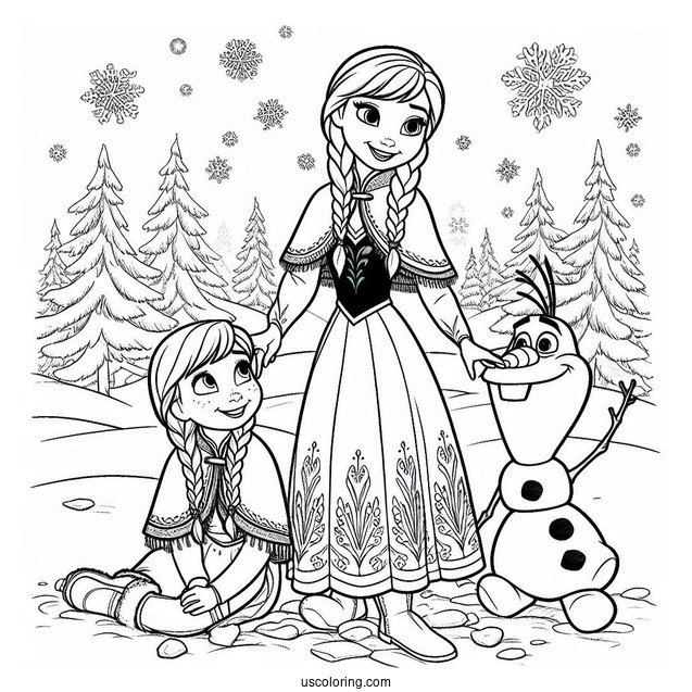 Anna And Olaf Playing In The Snow Coloring Page