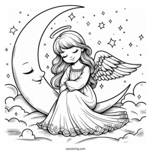 Peaceful Angel Resting On Crescent Moon