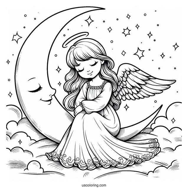 Peaceful Angel Resting On Crescent Moon