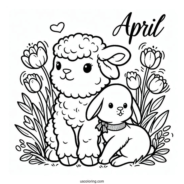 Lamb And Rabbit Under April Coloring Page Word For Kids