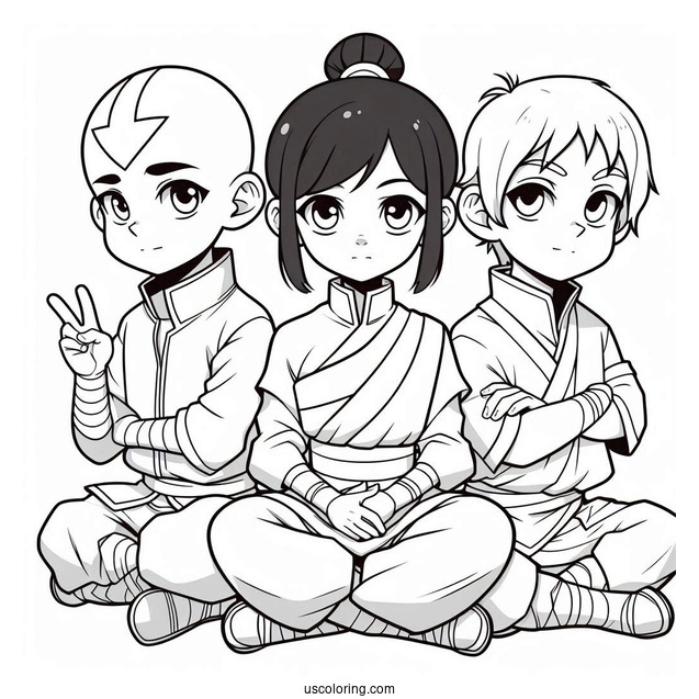 Avatar Aang, Katara, And Sokka Coloring Sheet