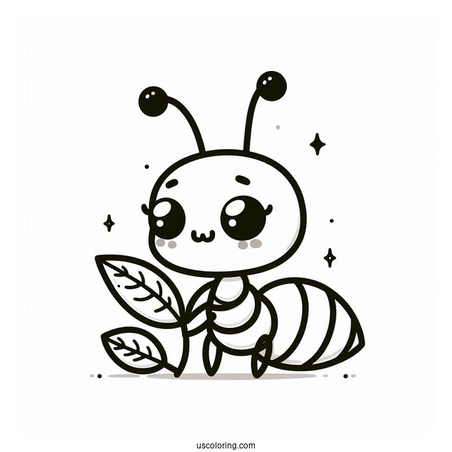 Kawaii Ant Coloring Page Holding A Leaf For Preschoolers