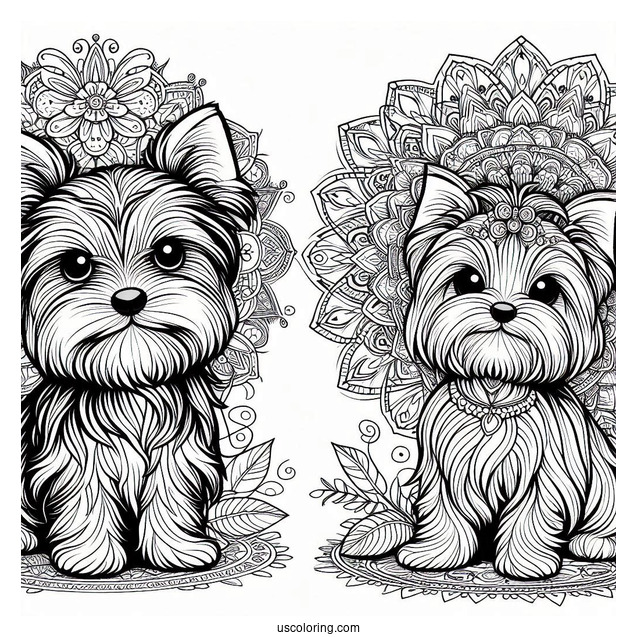 Two Adorable Yorkshire Terrier Dogs In Front Of Animal Mandala Coloring Page