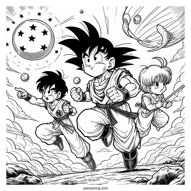Goku, Gohan, Bulma, And Krillin Chasing Dragon Balls
