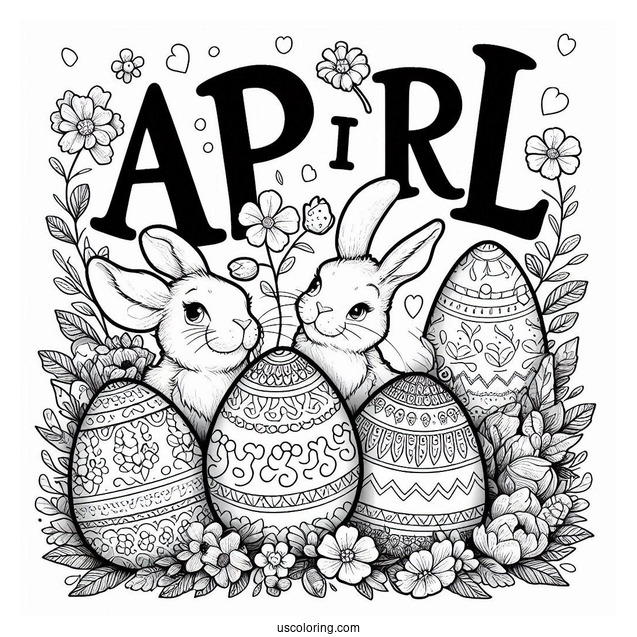 Fun April Coloring Page Word Above Massive Easter Eggs With Bunny