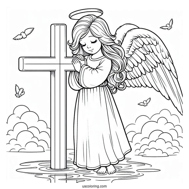 Young Angel Next To Jesus Cross To Color