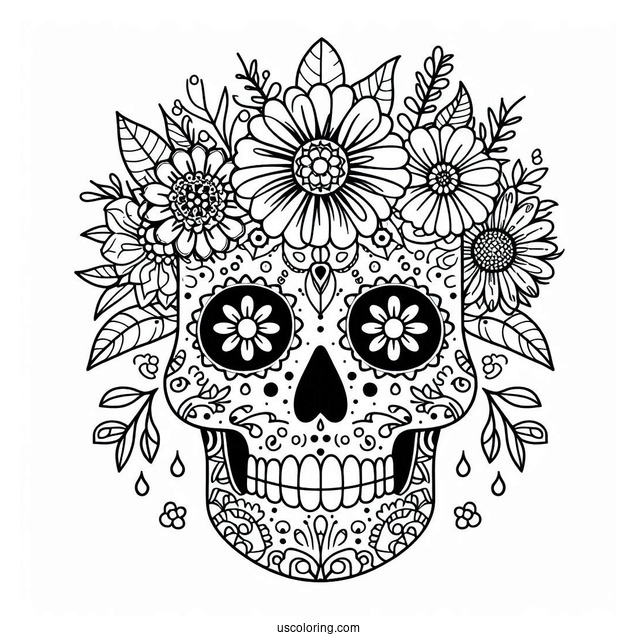 Sugar Skull With Flowers Abstract Coloring Page