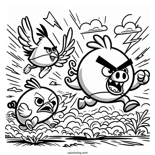 Angry Birds Charging Towards Pigs Coloring Page