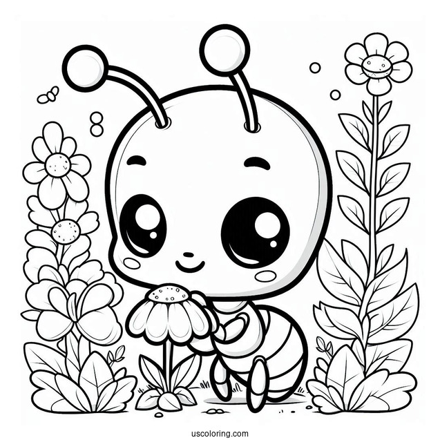 Cute Chibi Ant Coloring Page In A Garden For Preschoolers