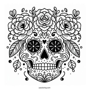 Sugar Skull With Flowers Abstract Coloring Page