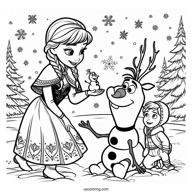 Anna And Olaf Playing In The Snow Coloring Page