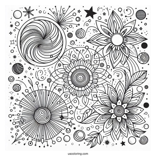 Circles, Stars, And Flowers Abstract Coloring Page