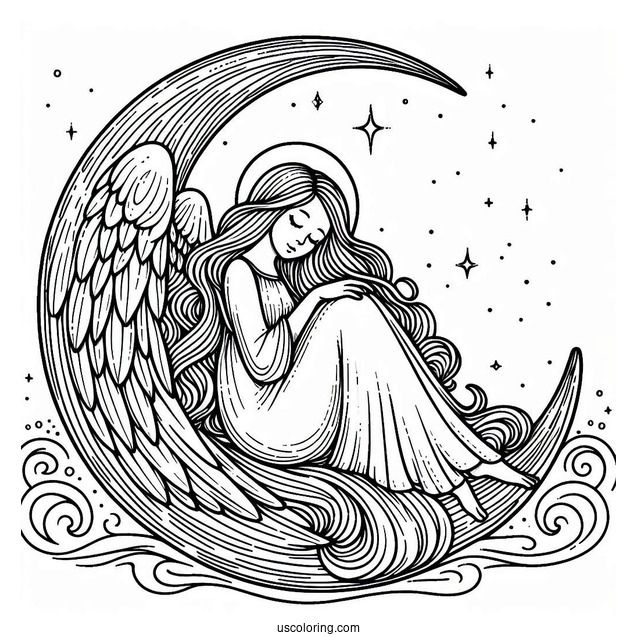 Peaceful Angel Resting On Crescent Moon