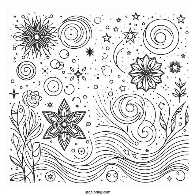Circles, Stars, And Flowers Abstract Coloring Page