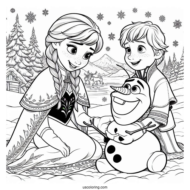 Anna And Olaf Playing In The Snow Coloring Page
