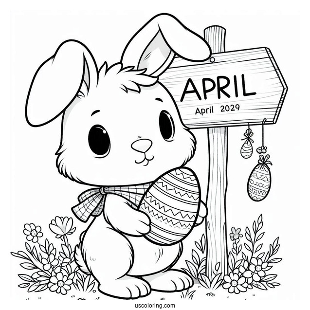 Easter Bunny Holding An April Coloring Page Signage For Kids