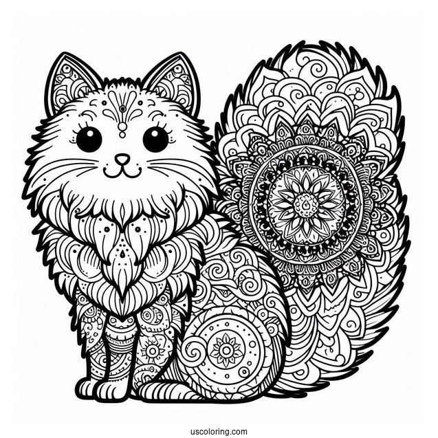 Furry Cat Inside A Complex An Animal Mandala Coloring Page