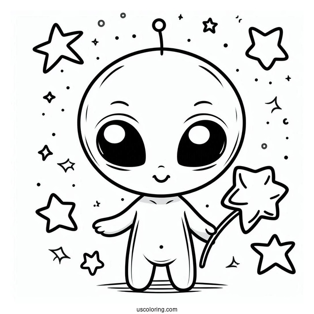 Chibi Alien Coloring Page Holding A Star For Preschoolers