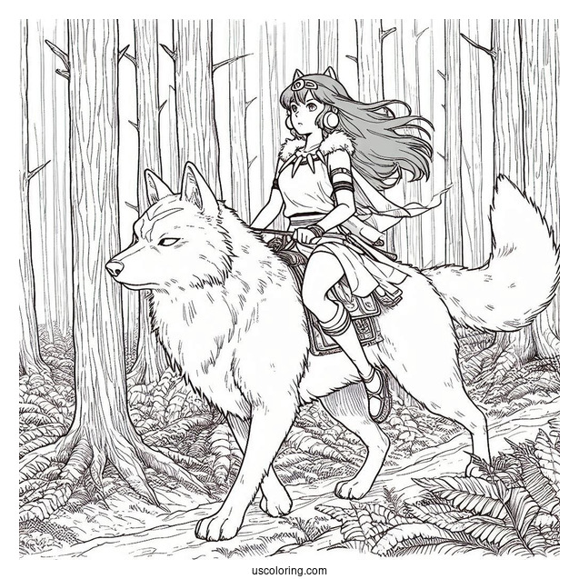 Princess Mononoke Riding Wolf In Cedar Forest