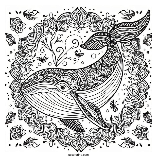 Whale Swimming At The Center Of An Animal Mandala Coloring Page