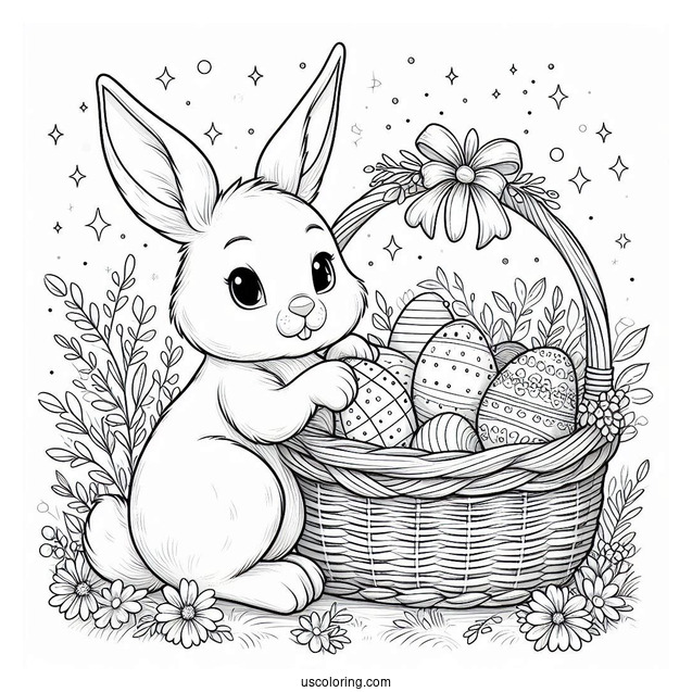 Detailed Easter Bunny Guarding Basket Of Eggs In April Coloring Page