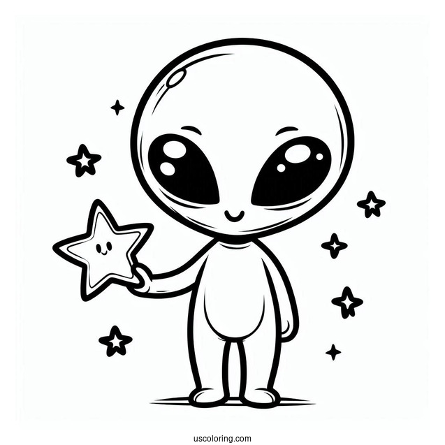Chibi Alien Coloring Page Holding A Star For Preschoolers