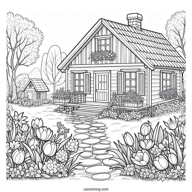 Lovely Spring Cottage In April Coloring Page