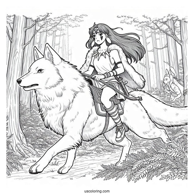 Princess Mononoke Riding Wolf In Cedar Forest