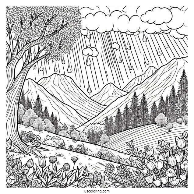 April Coloring Page Showers Over Mountain Landscape