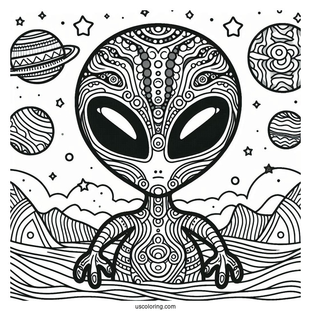 Simple Alien Coloring Page With Trippy Background