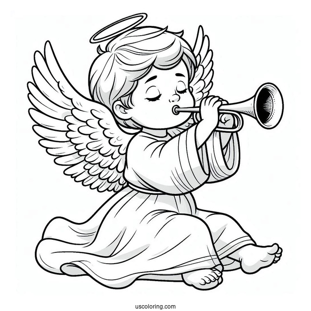Boy Angel In White Robes Playing Trumpet