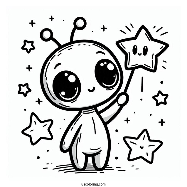 Chibi Alien Coloring Page Holding A Star For Preschoolers