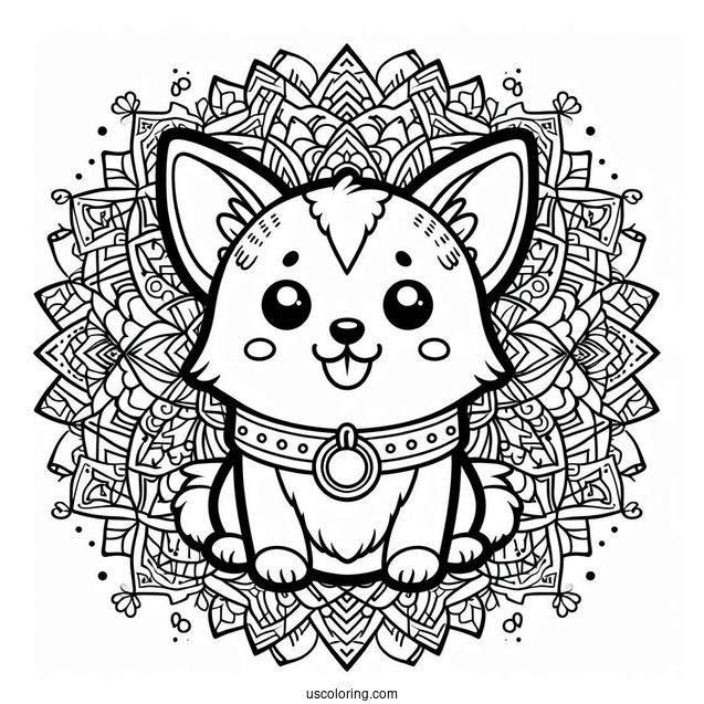 Kawaii Corgi With Collar Inside An Animal Mandala Coloring Page