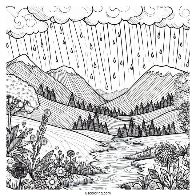April Coloring Page Showers Over Mountain Landscape