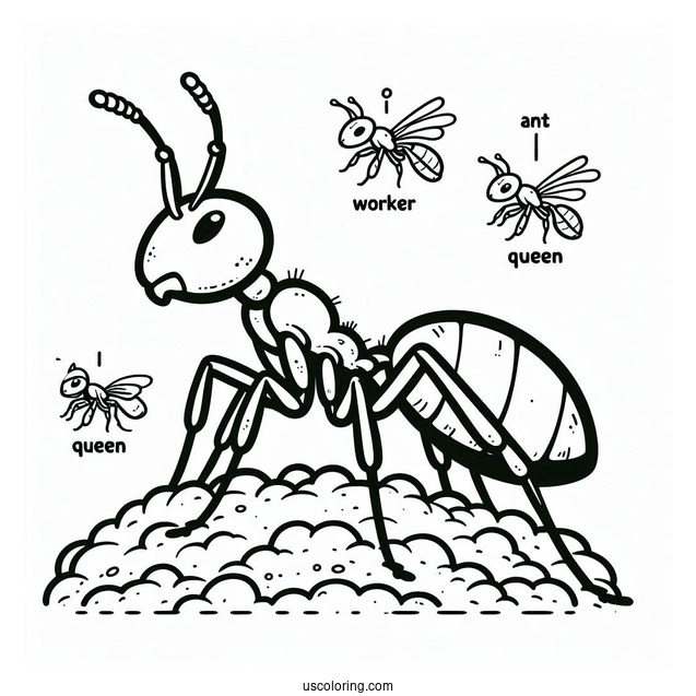 Ant Coloring Page Flashcard For Drone, Worker, Queen, And Anthill