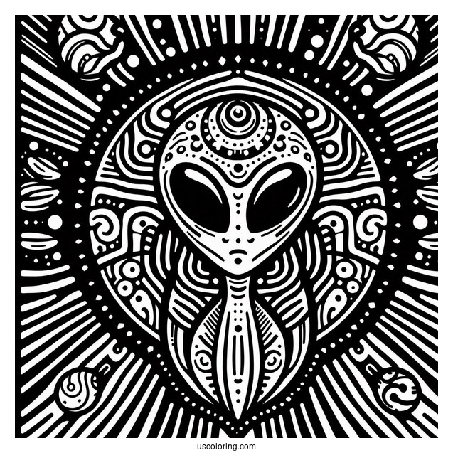 Simple Alien Coloring Page With Trippy Background
