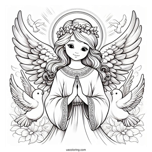 Divine Angel With Doves Coloring Page