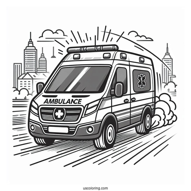 Front View Of Ambulance Coloring Page Speeding On The Road