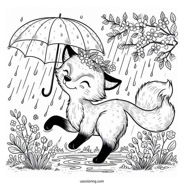 Fox Strolling Under April Coloring Page Showers