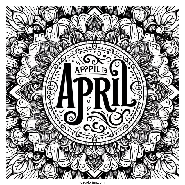April Coloring Page Bold Text At The Center Of An Intricate Mandala