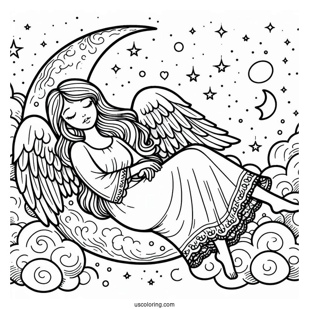 Peaceful Angel Resting On Crescent Moon
