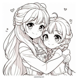 Anime Anna And Elsa Hugging Coloring Sheet For Kids
