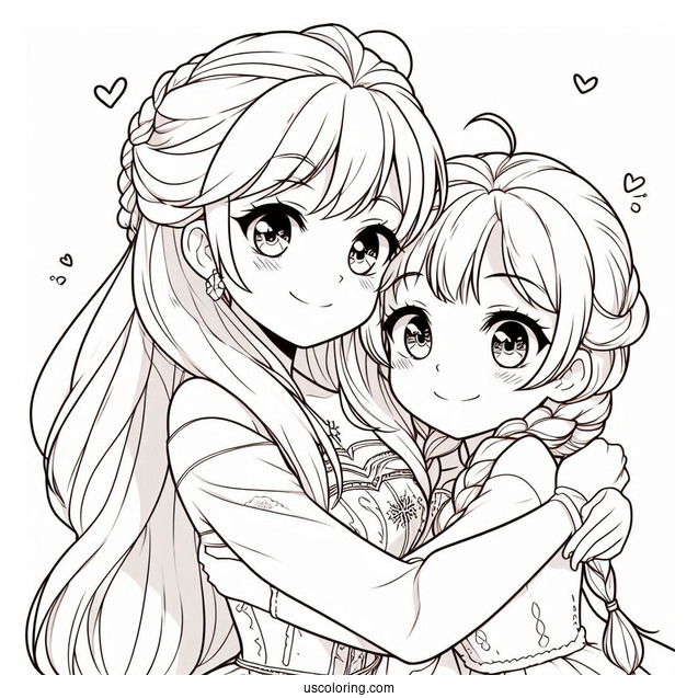 Anime Anna And Elsa Hugging Coloring Sheet For Kids
