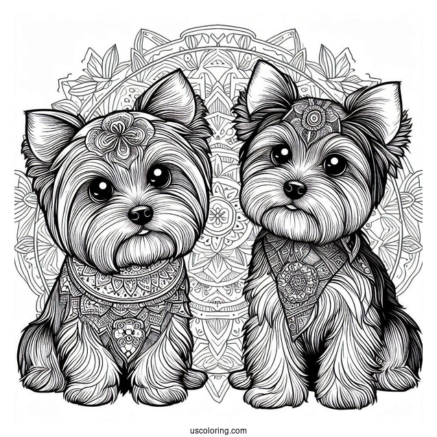 Two Adorable Yorkshire Terrier Dogs In Front Of Animal Mandala Coloring Page