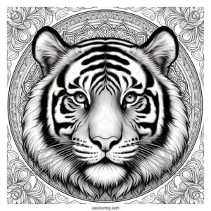 Realistic Tiger Head Inside An Animal Mandala Coloring Page