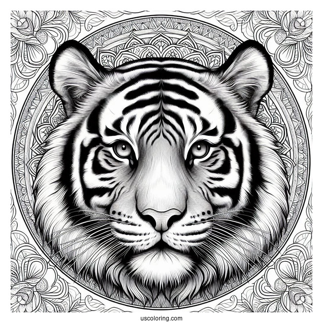 Realistic Tiger Head Inside An Animal Mandala Coloring Page