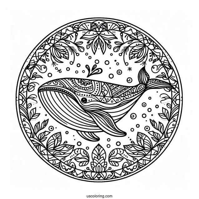 Whale Swimming At The Center Of An Animal Mandala Coloring Page