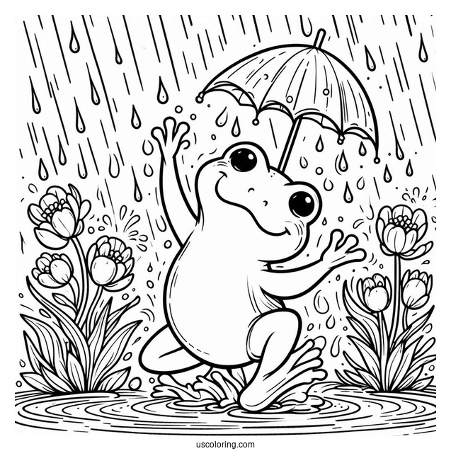Frog Dancing In The Rain Under April Coloring Page Showers